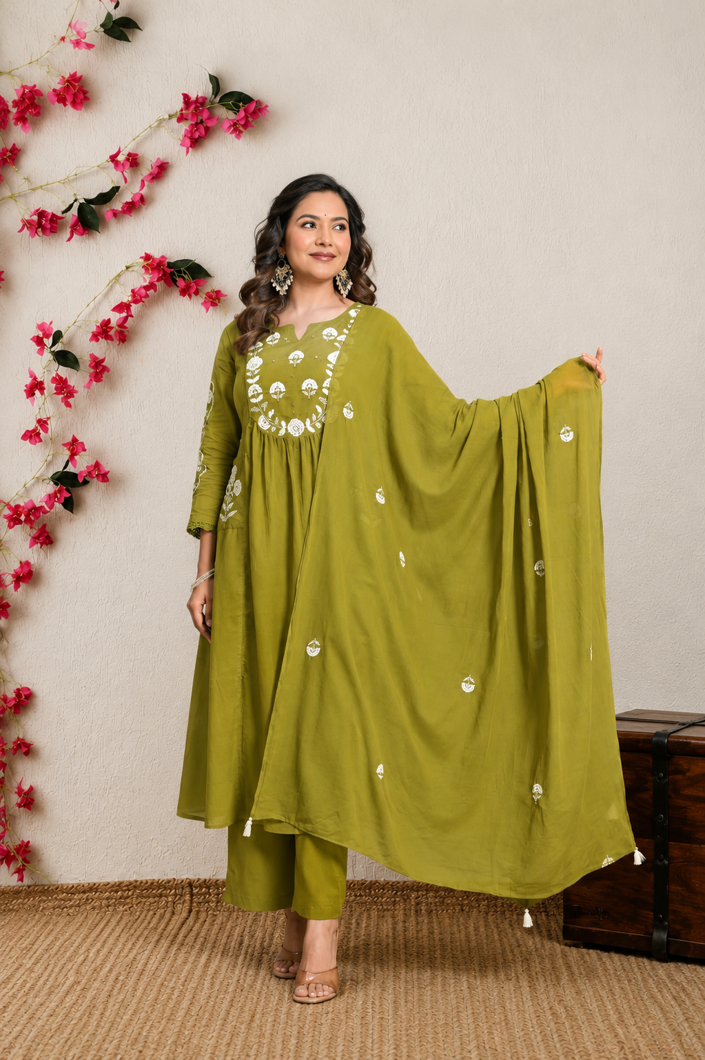 Koshaari Women's Mehendi green Floral Embroidered Anarkali Kurta with Trousers & Dupatta Set