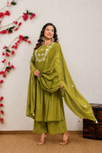 Koshaari Women's Mehendi green Floral Embroidered Anarkali Kurta with Trousers & Dupatta Set