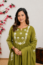 Koshaari Women's Mehendi green Floral Embroidered Anarkali Kurta with Trousers & Dupatta Set