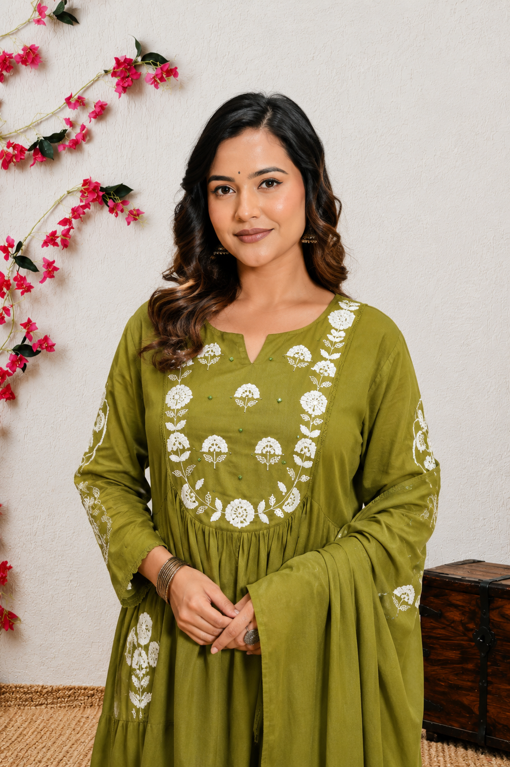 Koshaari Women's Mehendi green Floral Embroidered Anarkali Kurta with Trousers & Dupatta Set