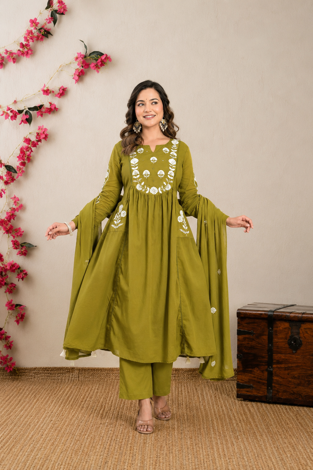 Koshaari Women's Mehendi green Floral Embroidered Anarkali Kurta with Trousers & Dupatta Set