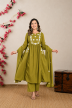 Koshaari Women's Mehendi green Floral Embroidered Anarkali Kurta with Trousers & Dupatta Set