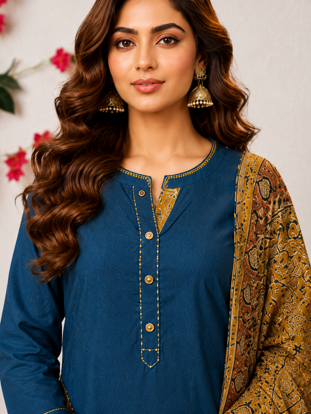 Elegant Indigo Blue Cotton Kurta Set with Kalamkari Print Palazo & Dupatta