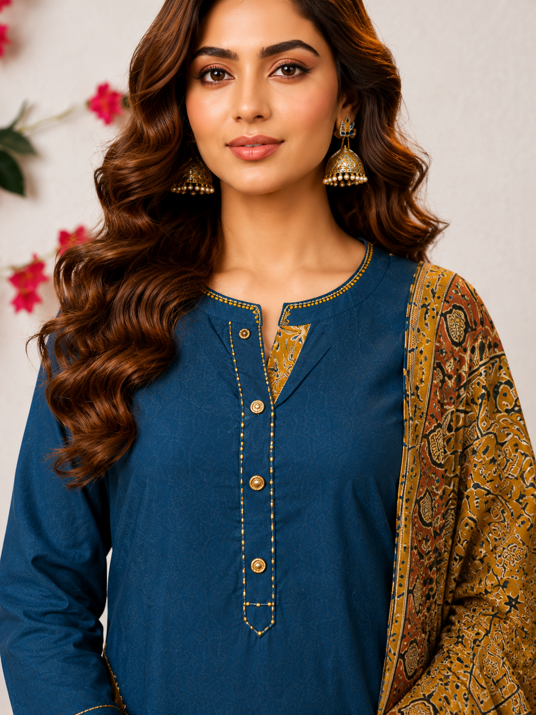 Elegant Indigo Blue Cotton Kurta Set with Kalamkari Print Palazo & Dupatta