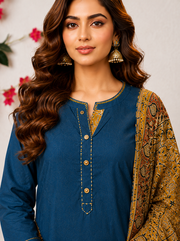 Elegant Indigo Blue Cotton Kurta Set with Kalamkari Print Palazo & Dupatta