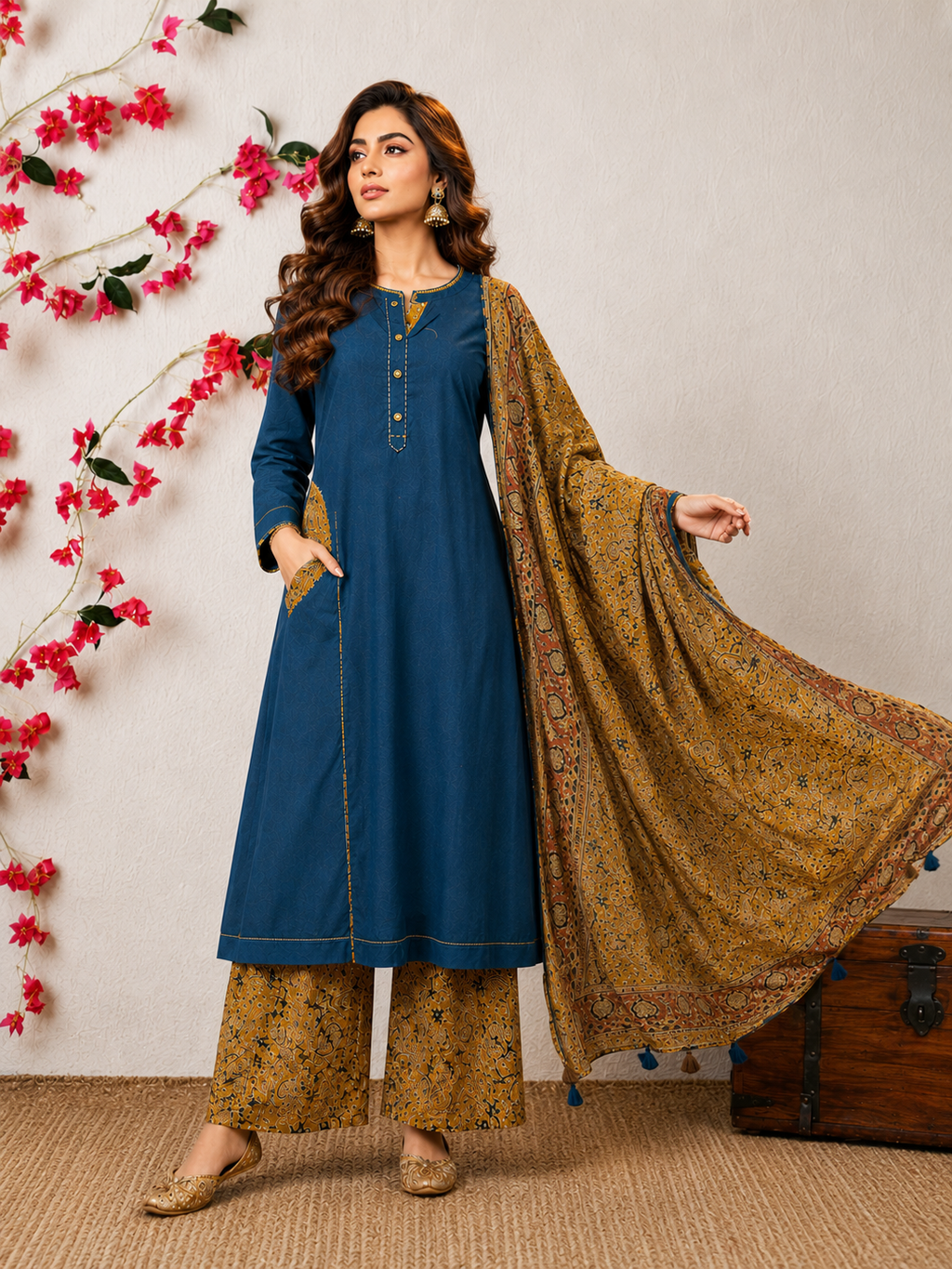 Elegant Indigo Blue Cotton Kurta Set with Kalamkari Print Palazo & Dupatta