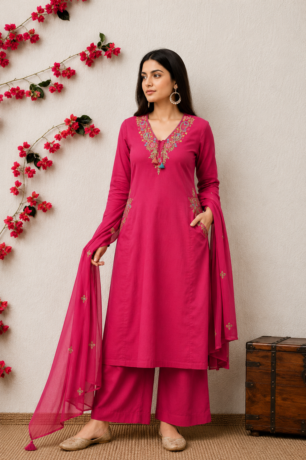 Koshaari Rani pink Floral Embroidered Kurti Set with Dupatta