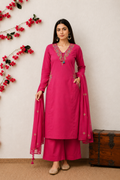 Koshaari Rani pink Floral Embroidered Kurti Set with Dupatta
