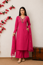 Koshaari Rani pink Floral Embroidered Kurti Set with Dupatta