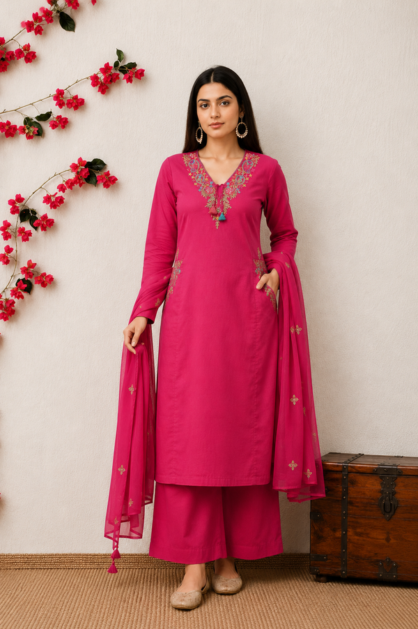 Koshaari Rani pink Floral Embroidered Kurti Set with Dupatta