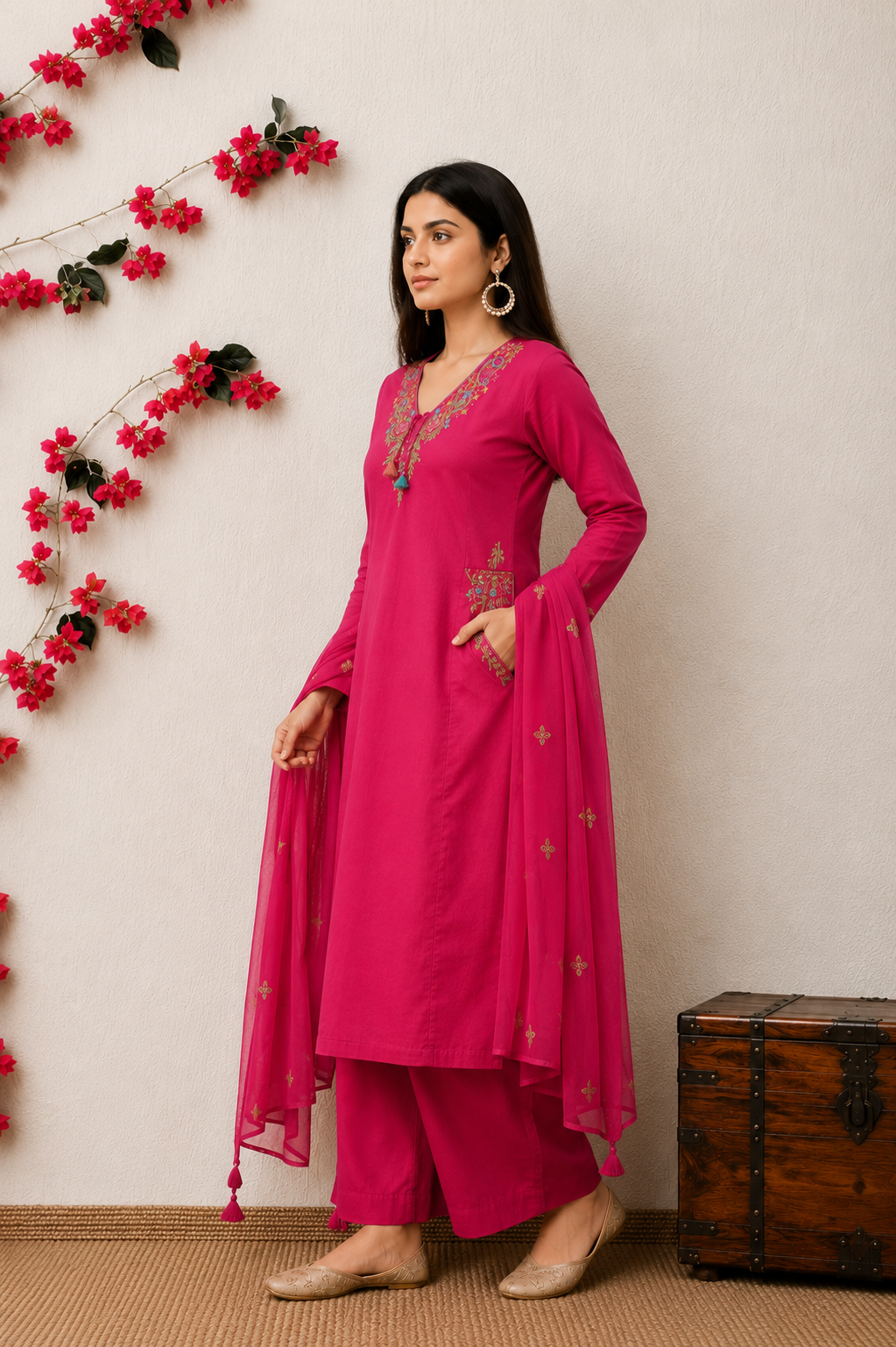 Koshaari Rani pink Floral Embroidered Kurti Set with Dupatta
