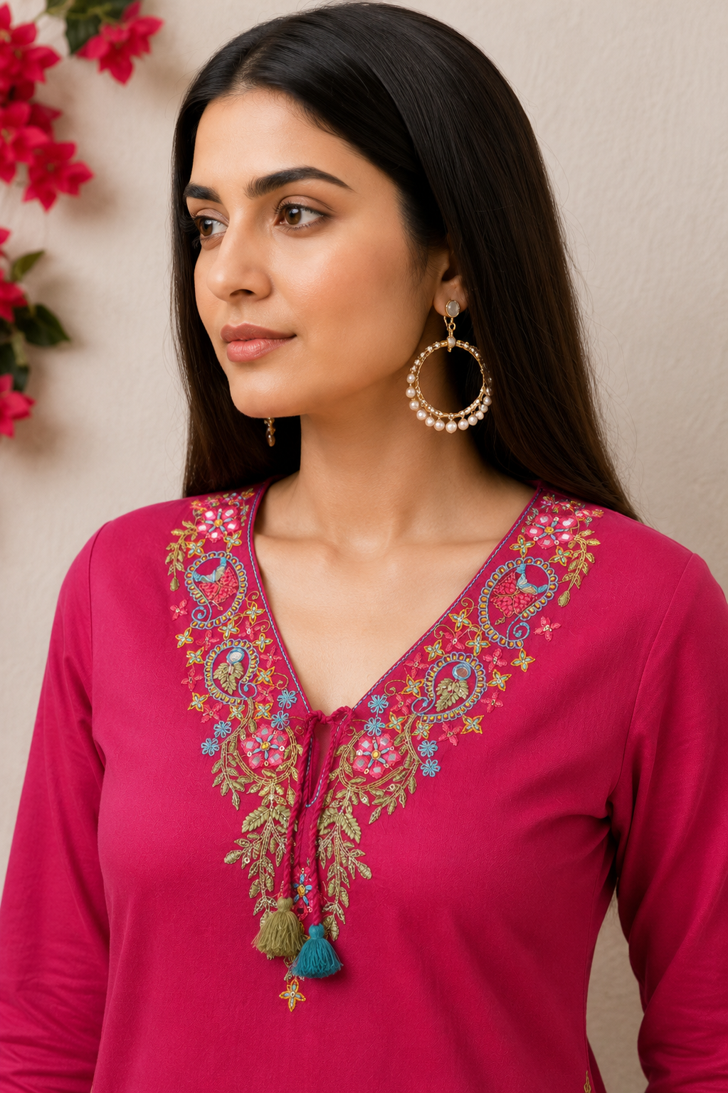 Koshaari Rani pink Floral Embroidered Kurti Set with Dupatta