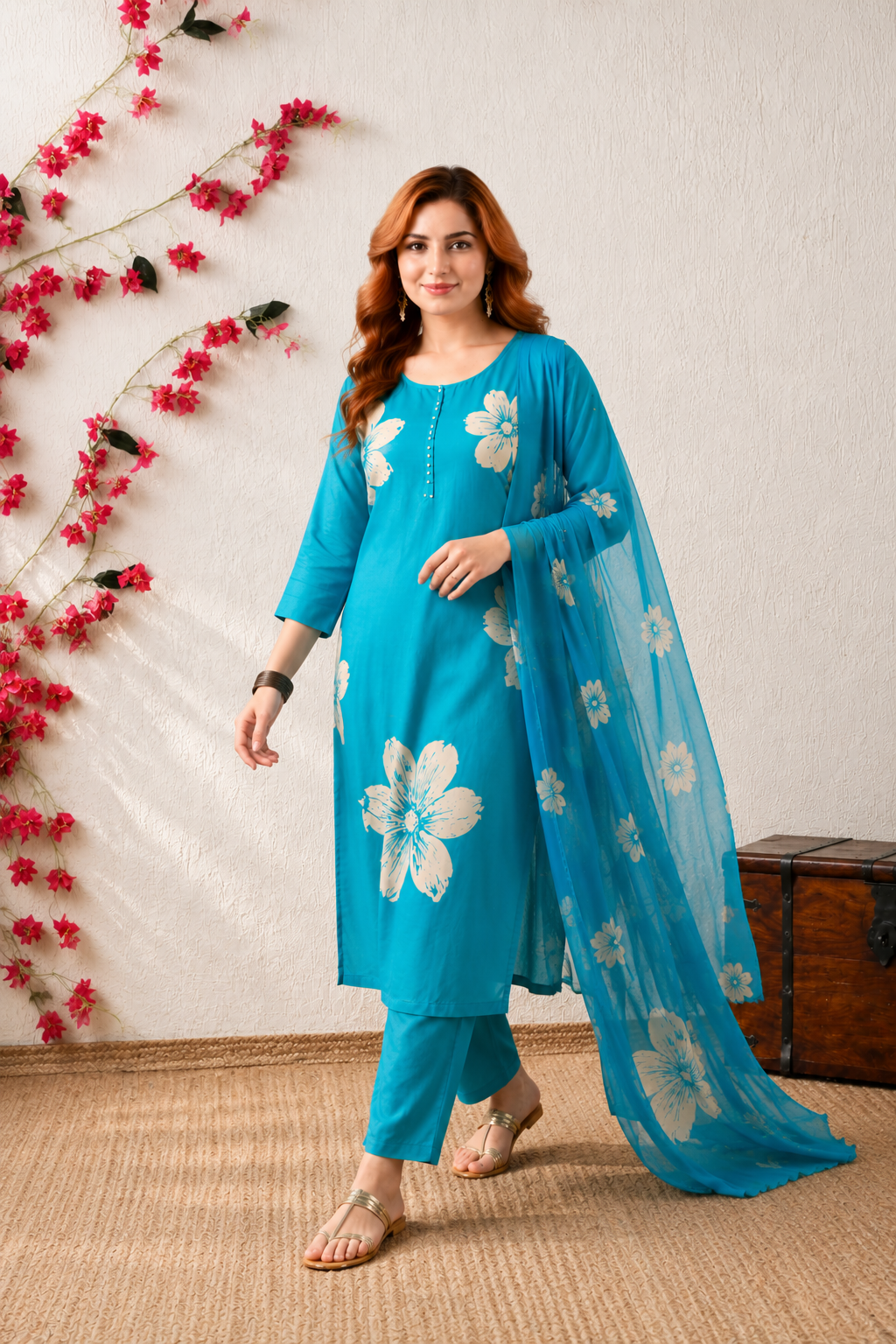 Azure Floral Straight Kurta Set with Dupatta