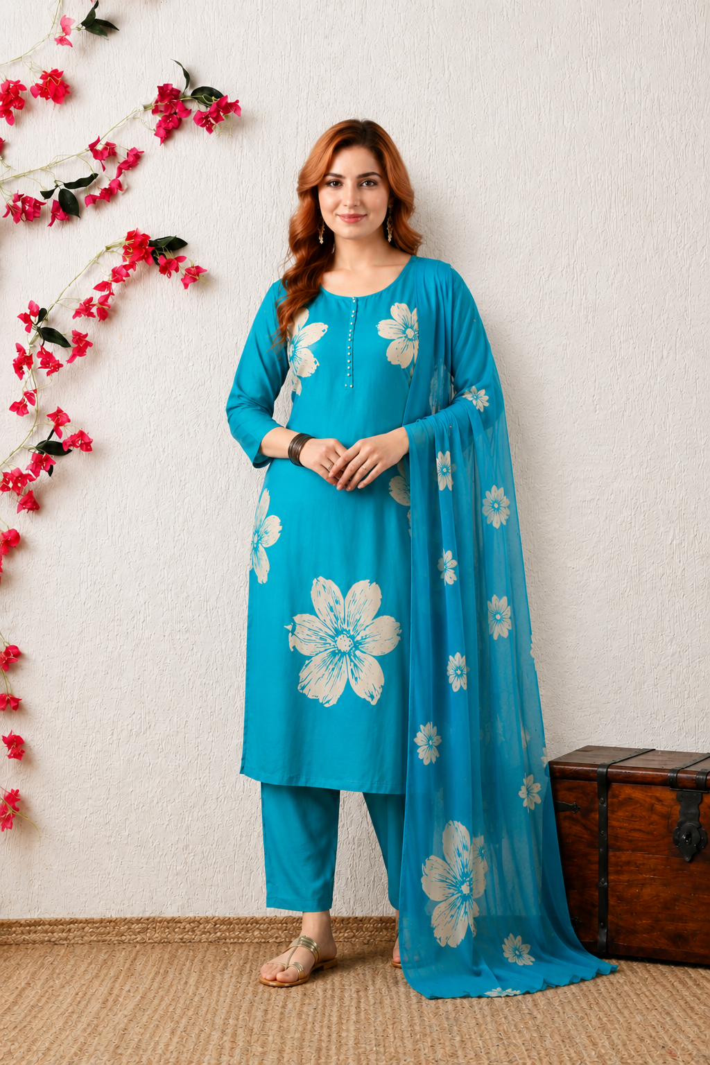 Azure Floral Straight Kurta Set with Dupatta