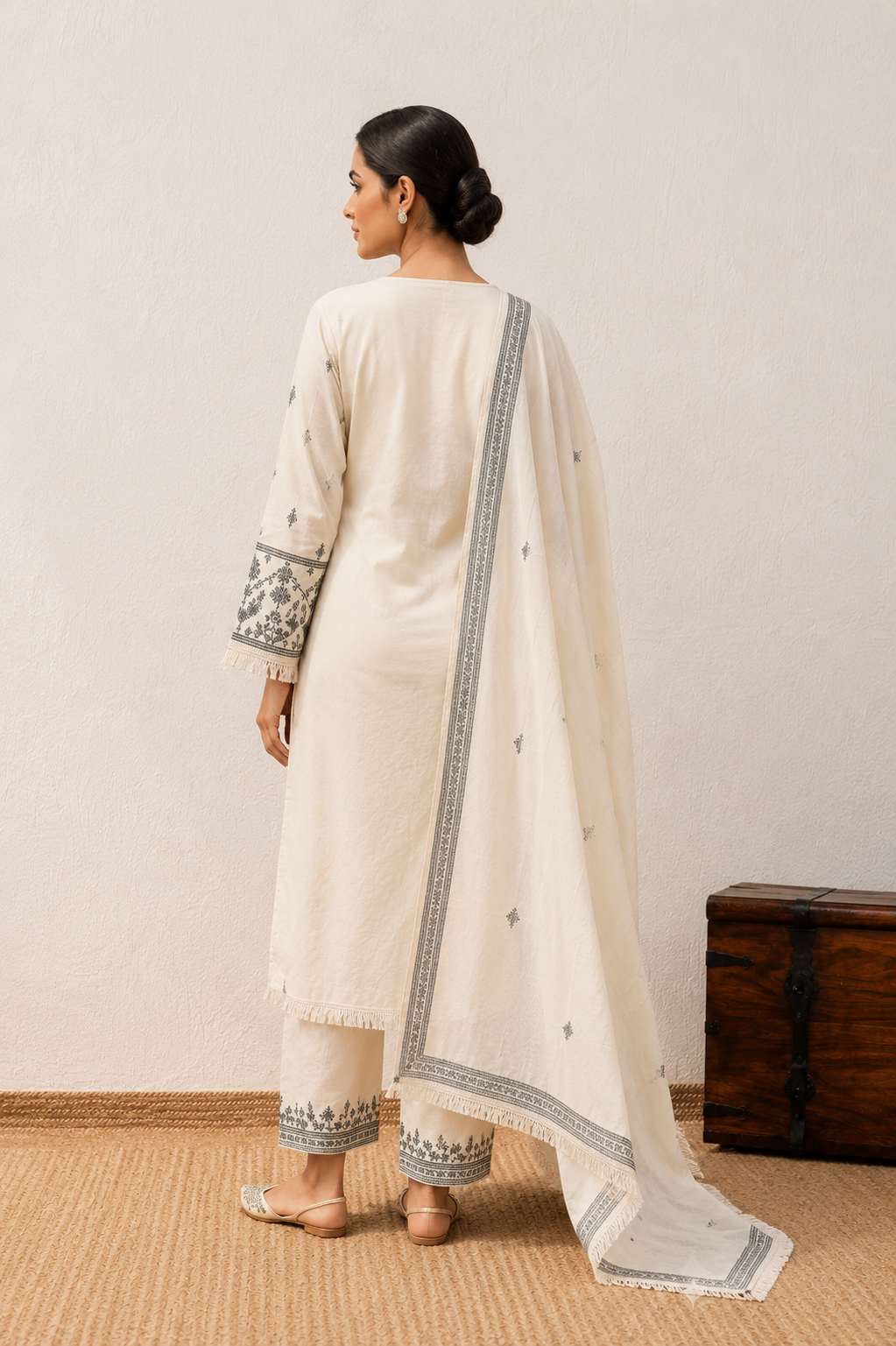 Ivory Elegance: 3-Piece Printed Kurta Pant & Dupatta Set