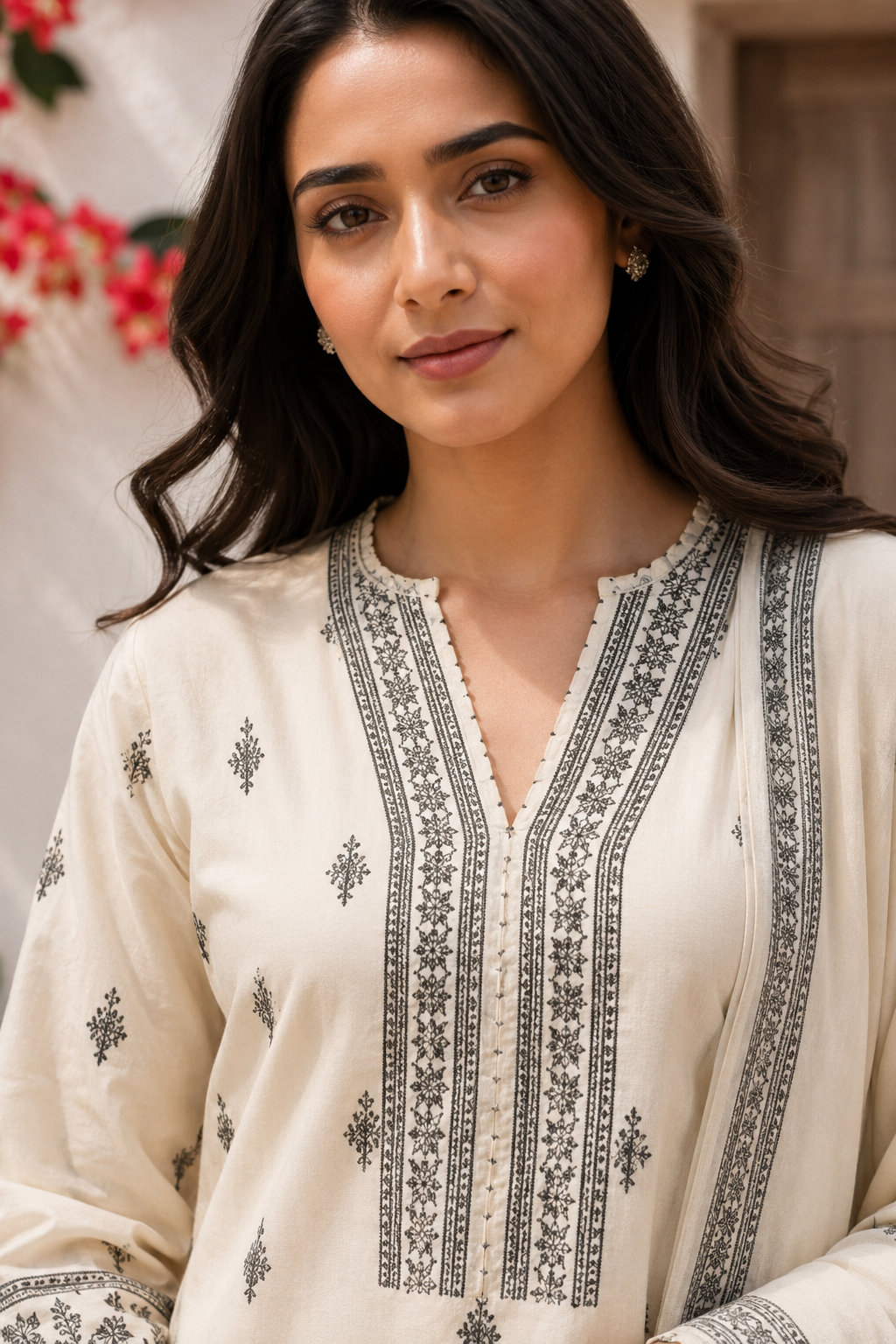 Ivory Elegance: 3-Piece Printed Kurta Pant & Dupatta Set