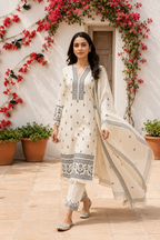 Ivory Elegance: 3-Piece Printed Kurta Pant & Dupatta Set