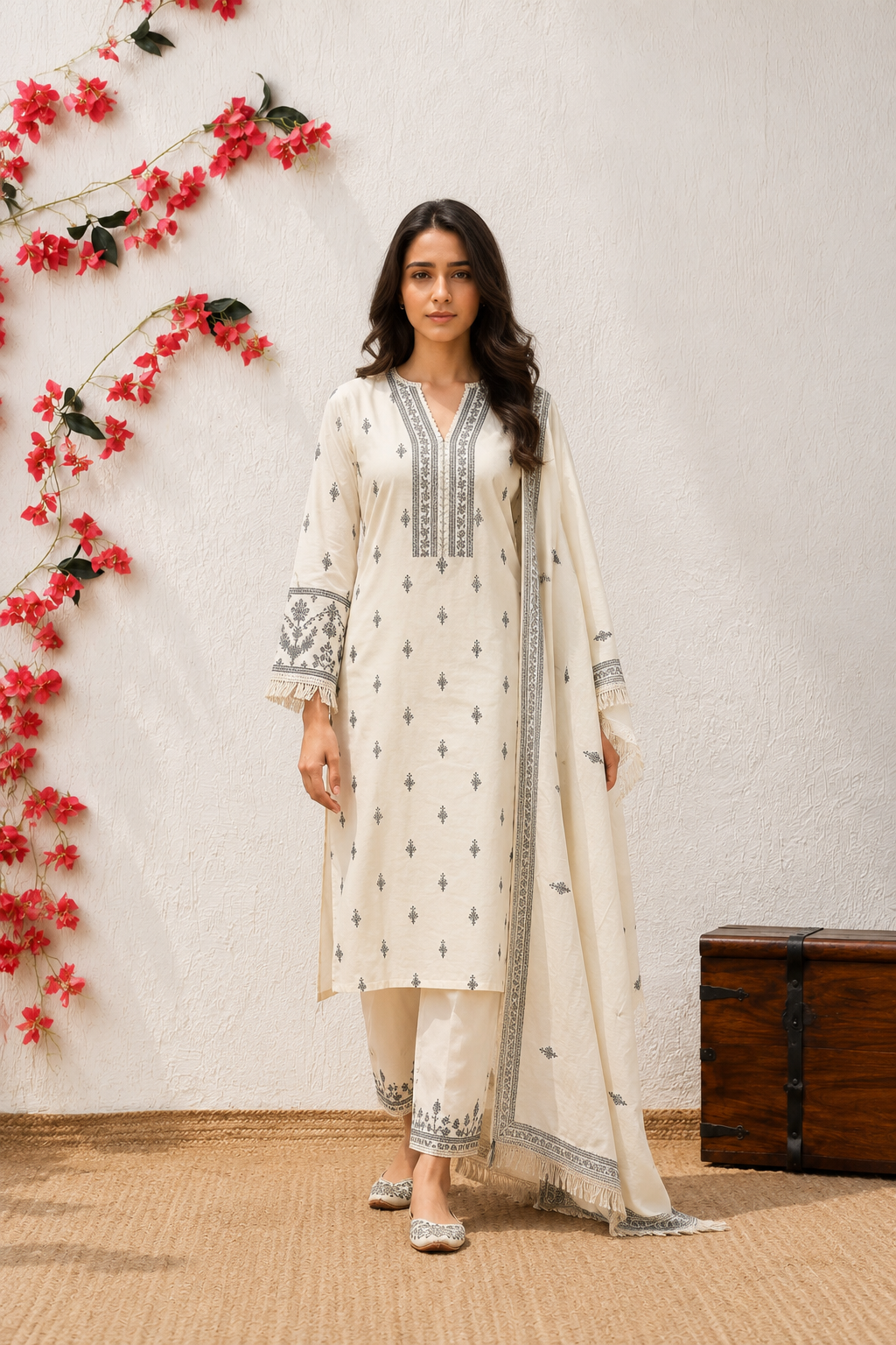 Ivory Elegance: 3-Piece Printed Kurta Pant & Dupatta Set