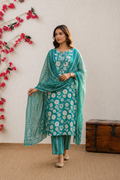 Turquoise Floral Elegance Jaipuri Cotton Kurta Set