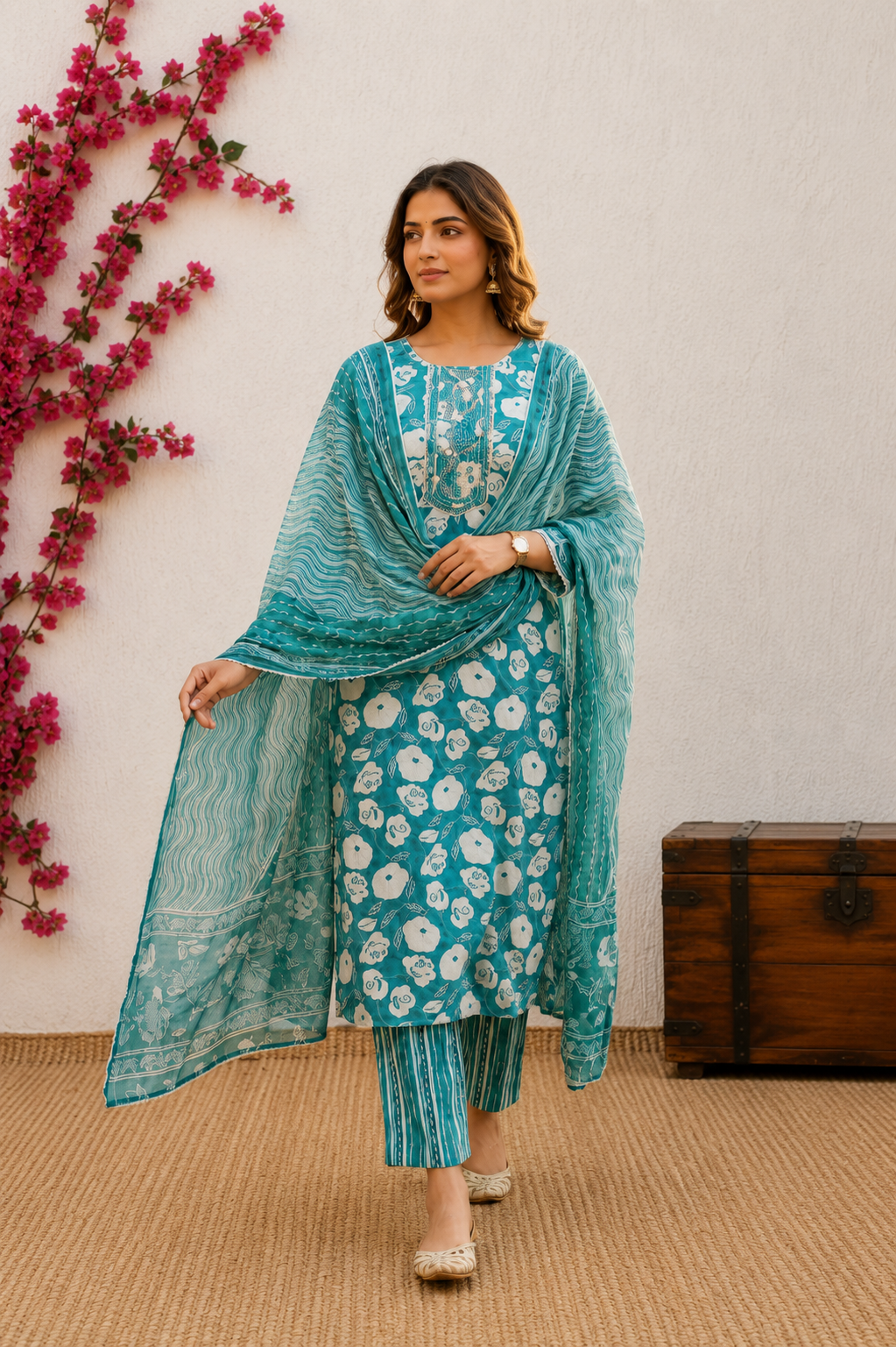 Turquoise Floral Elegance Jaipuri Cotton Kurta Set