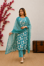Turquoise Floral Elegance Jaipuri Cotton Kurta Set