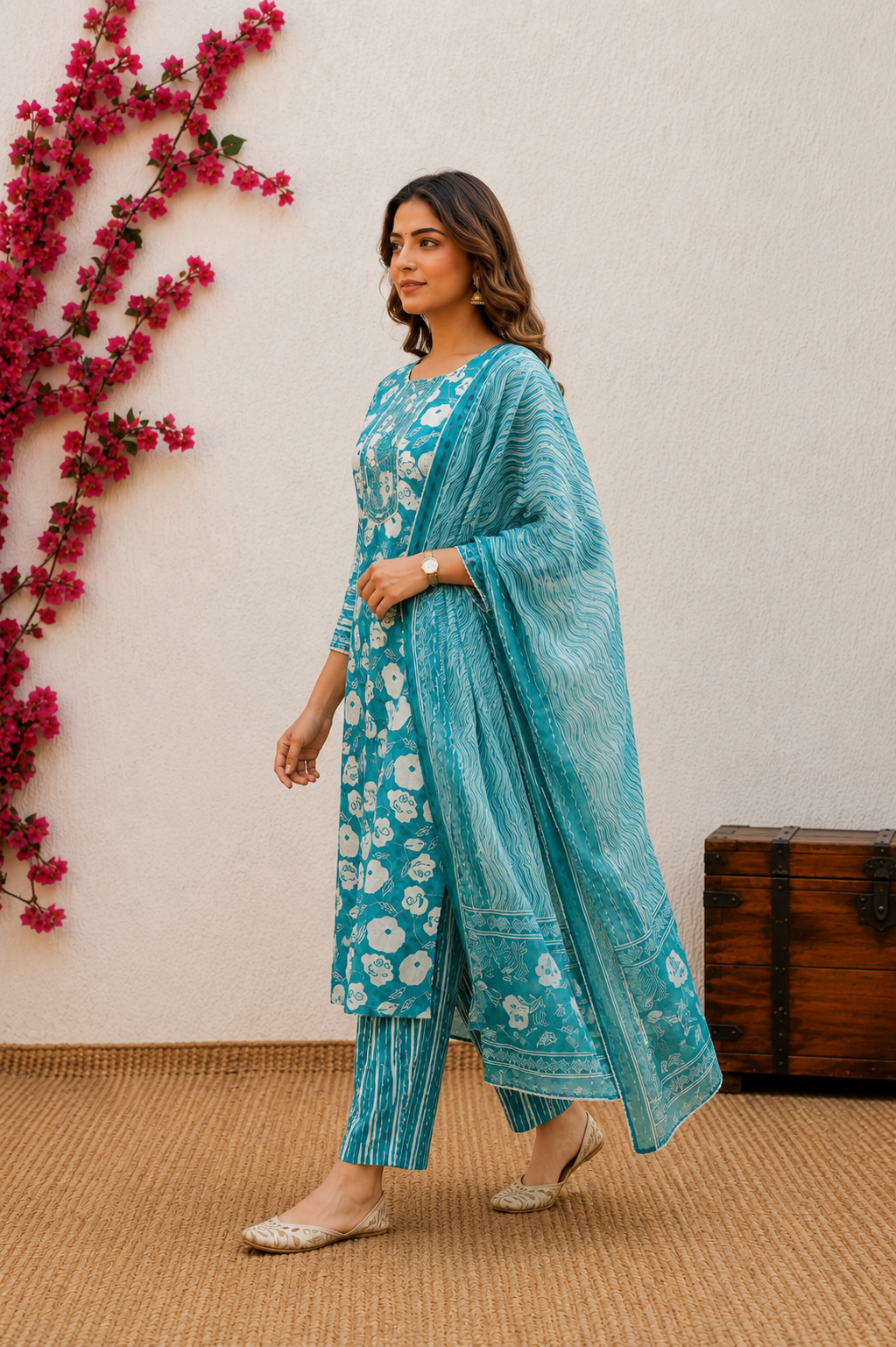 Turquoise Floral Elegance Jaipuri Cotton Kurta Set