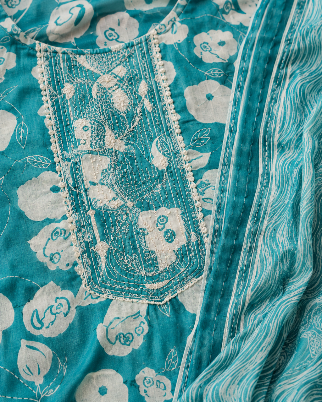 Turquoise Floral Elegance Jaipuri Cotton Kurta Set