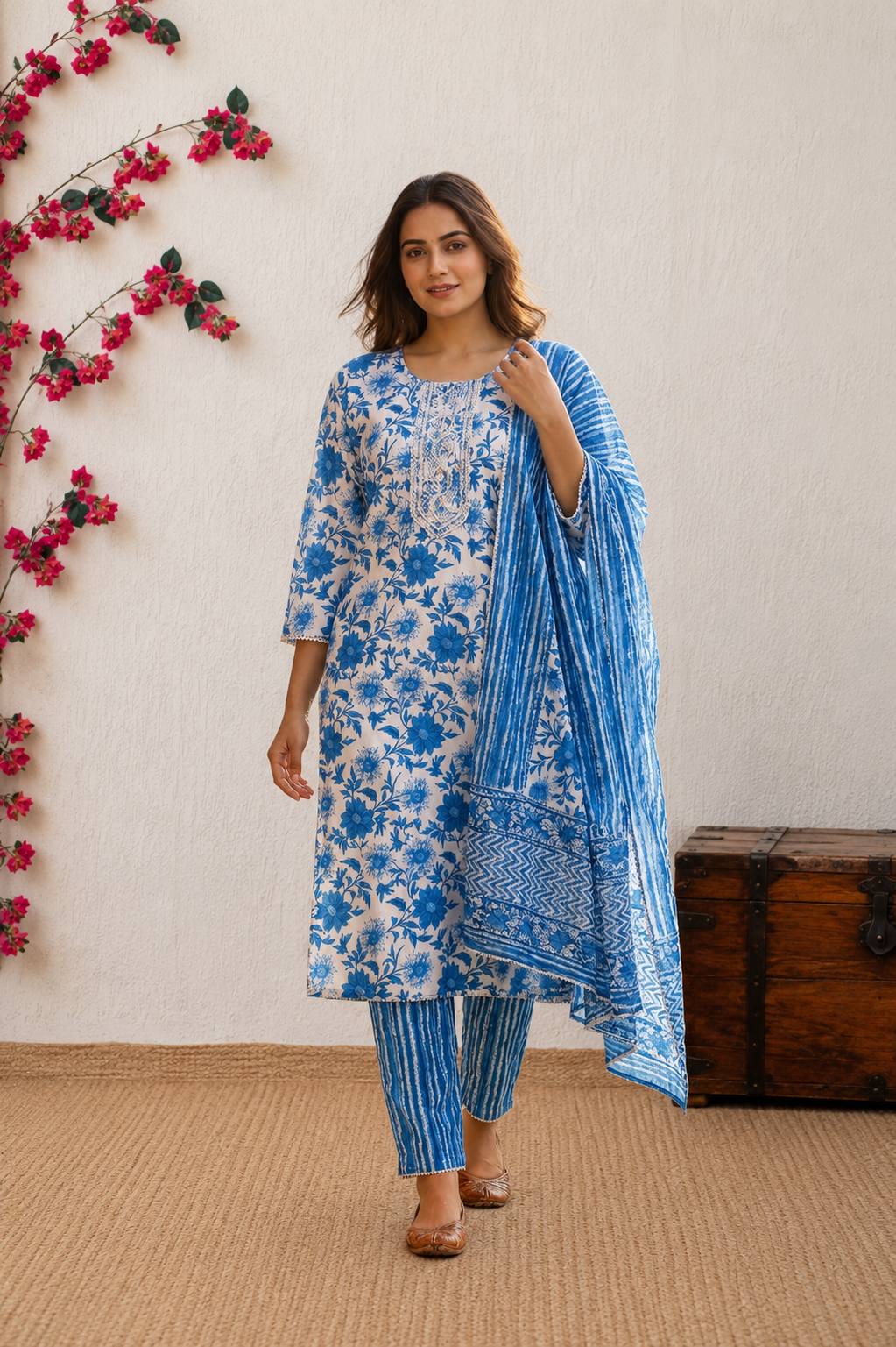 Indigo Blue Floral Cotton Kurta Set