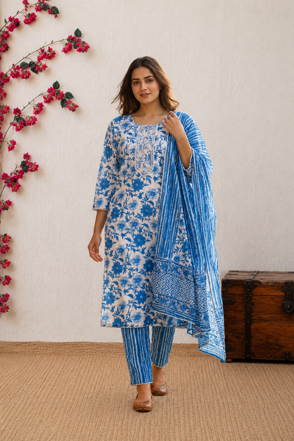 Indigo Blue Floral Cotton Kurta Set