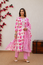 Vibrant Pink Floral Print Cotton Kurta Set