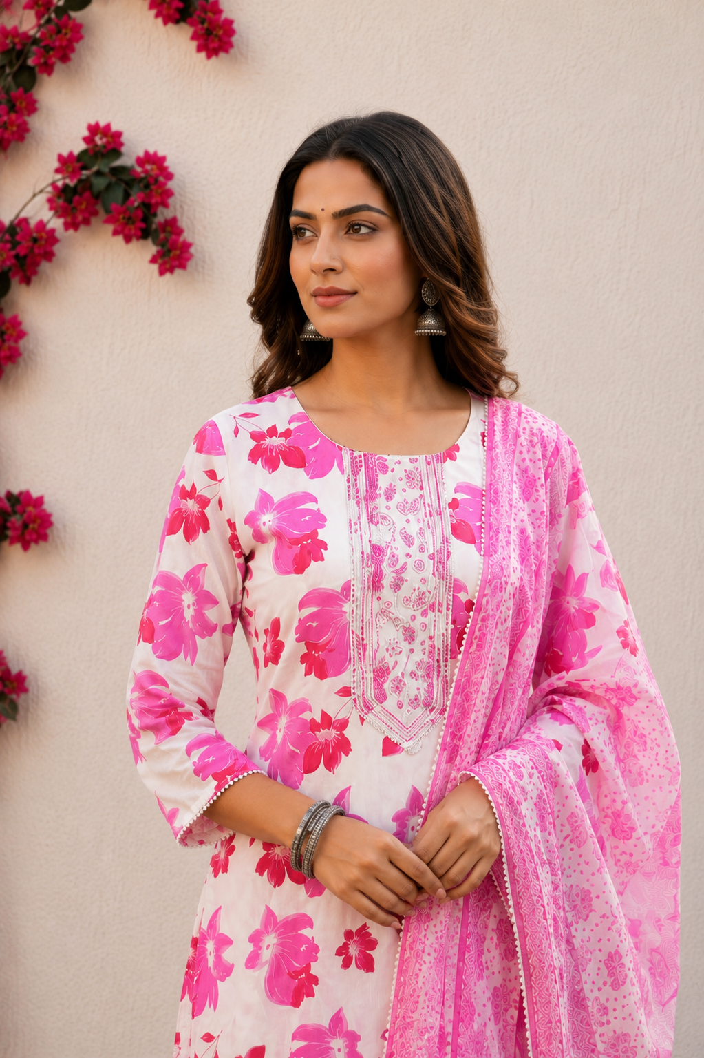 Vibrant Pink Floral Print Cotton Kurta Set