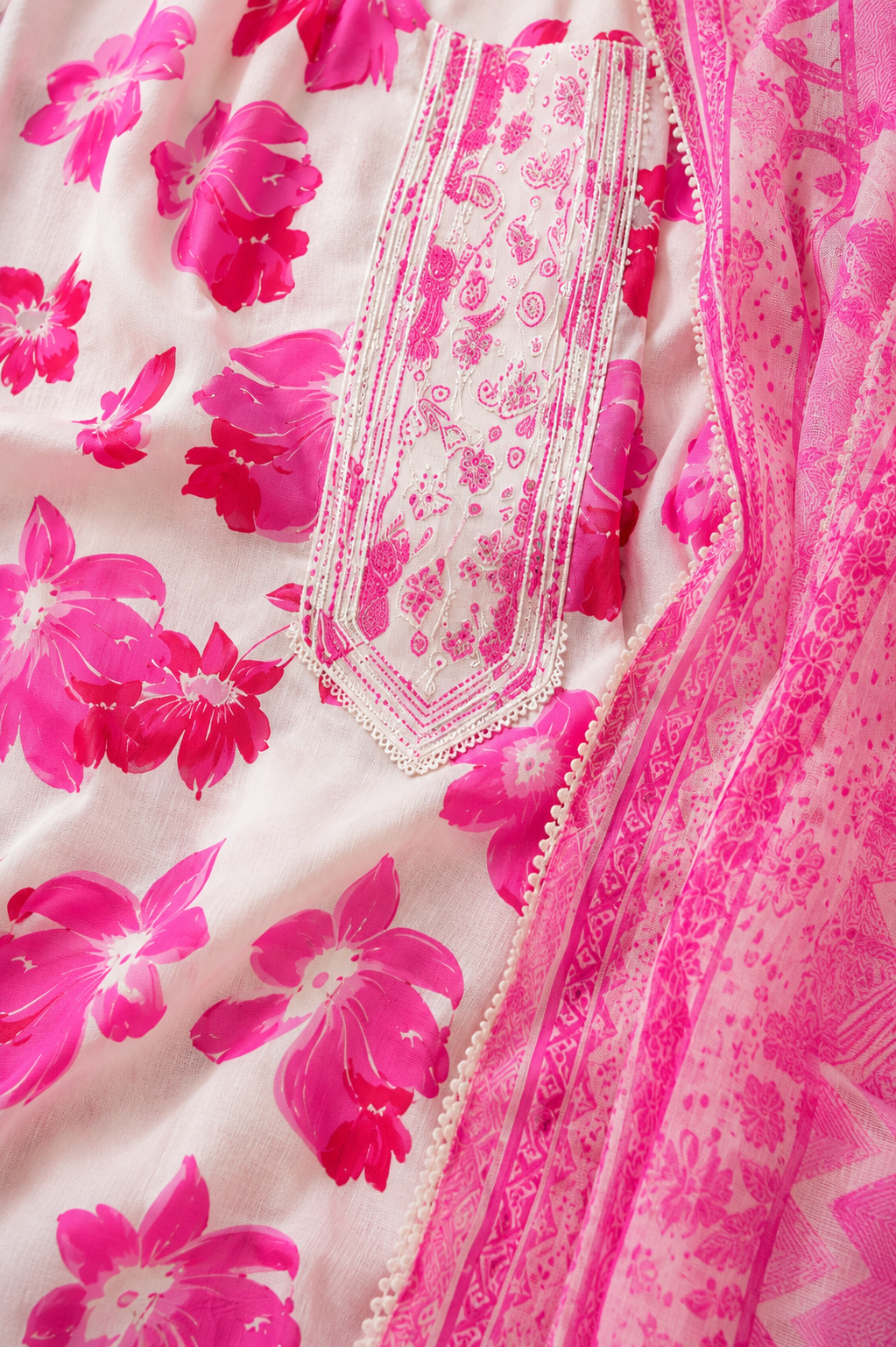 Vibrant Pink Floral Print Cotton Kurta Set