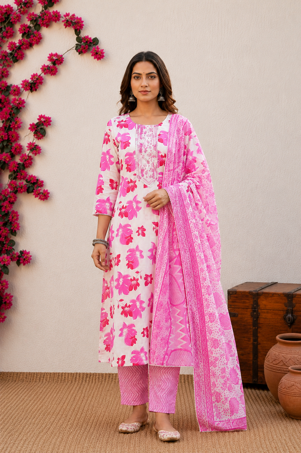 Vibrant Pink Floral Print Cotton Kurta Set