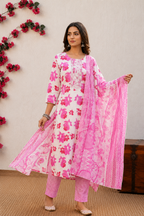 Vibrant Pink Floral Print Cotton Kurta Set