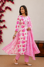 Vibrant Pink Floral Print Cotton Kurta Set