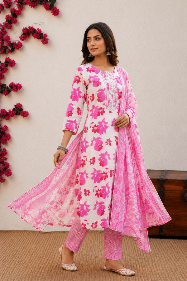 Vibrant Pink Floral Print Cotton Kurta Set