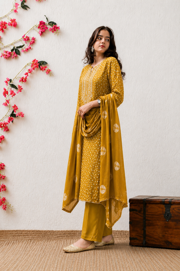 Mustard Bandhani Cotton Suit Set