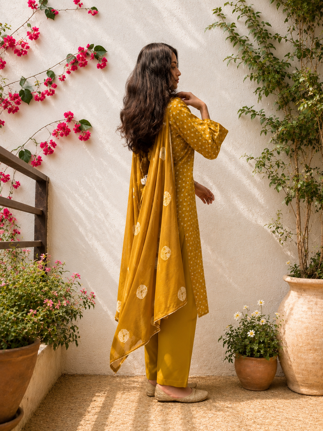 Mustard Bandhani Cotton Suit Set