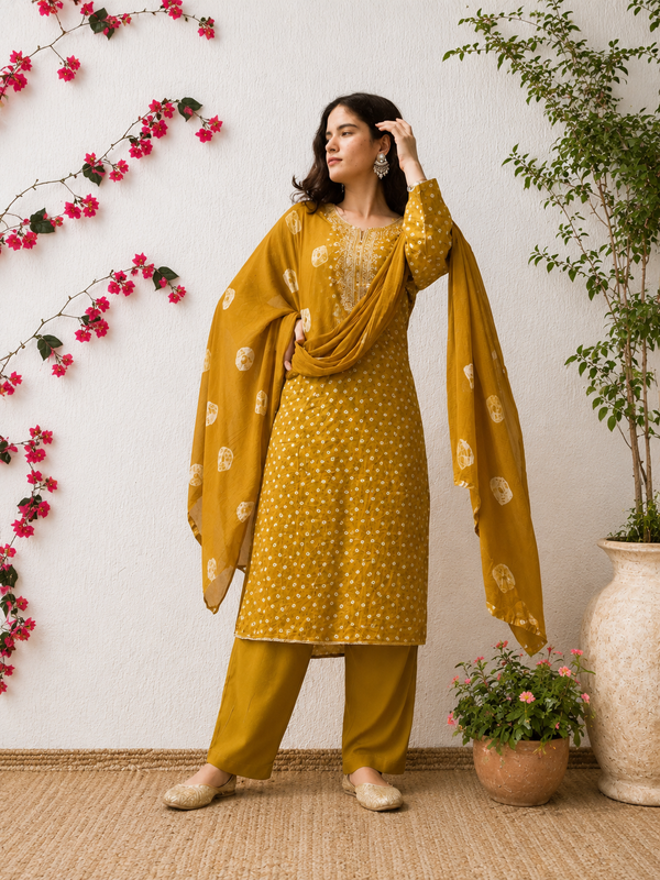 Mustard Bandhani Cotton Suit Set
