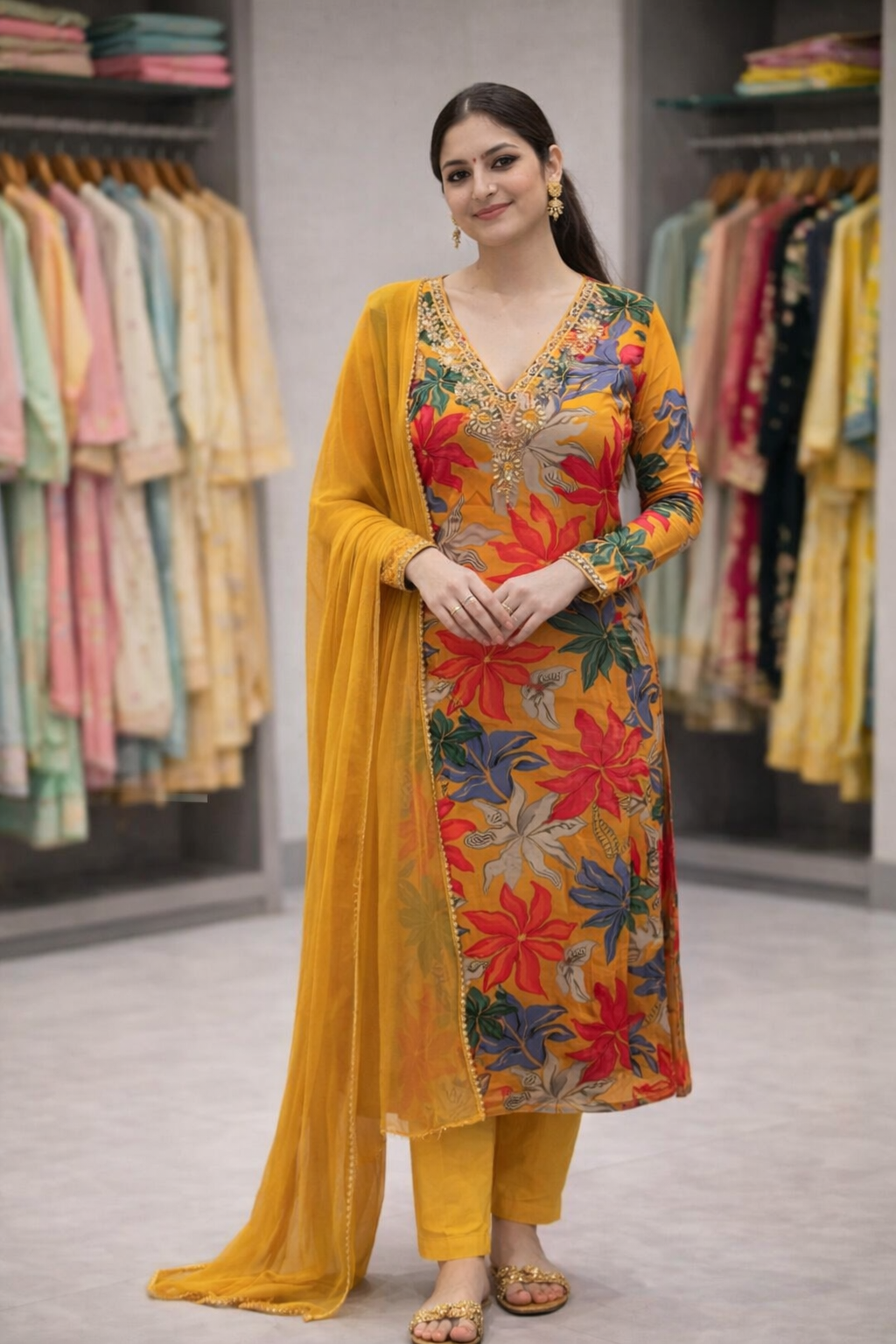 Sunshine Bloom Yellow Floral Kurti Set