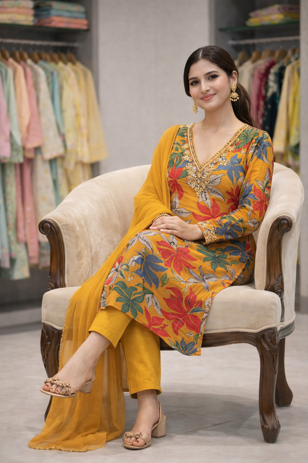 Sunshine Bloom Yellow Floral Kurti Set