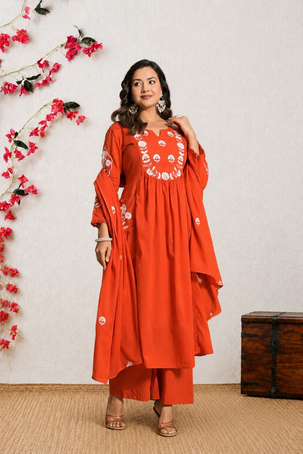Koshaari Women's Rust  Floral Embroidered Anarkali Kurta with Trousers & Dupatta Set