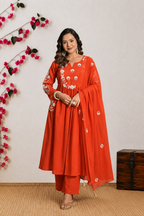 Koshaari Women's Rust  Floral Embroidered Anarkali Kurta with Trousers & Dupatta Set