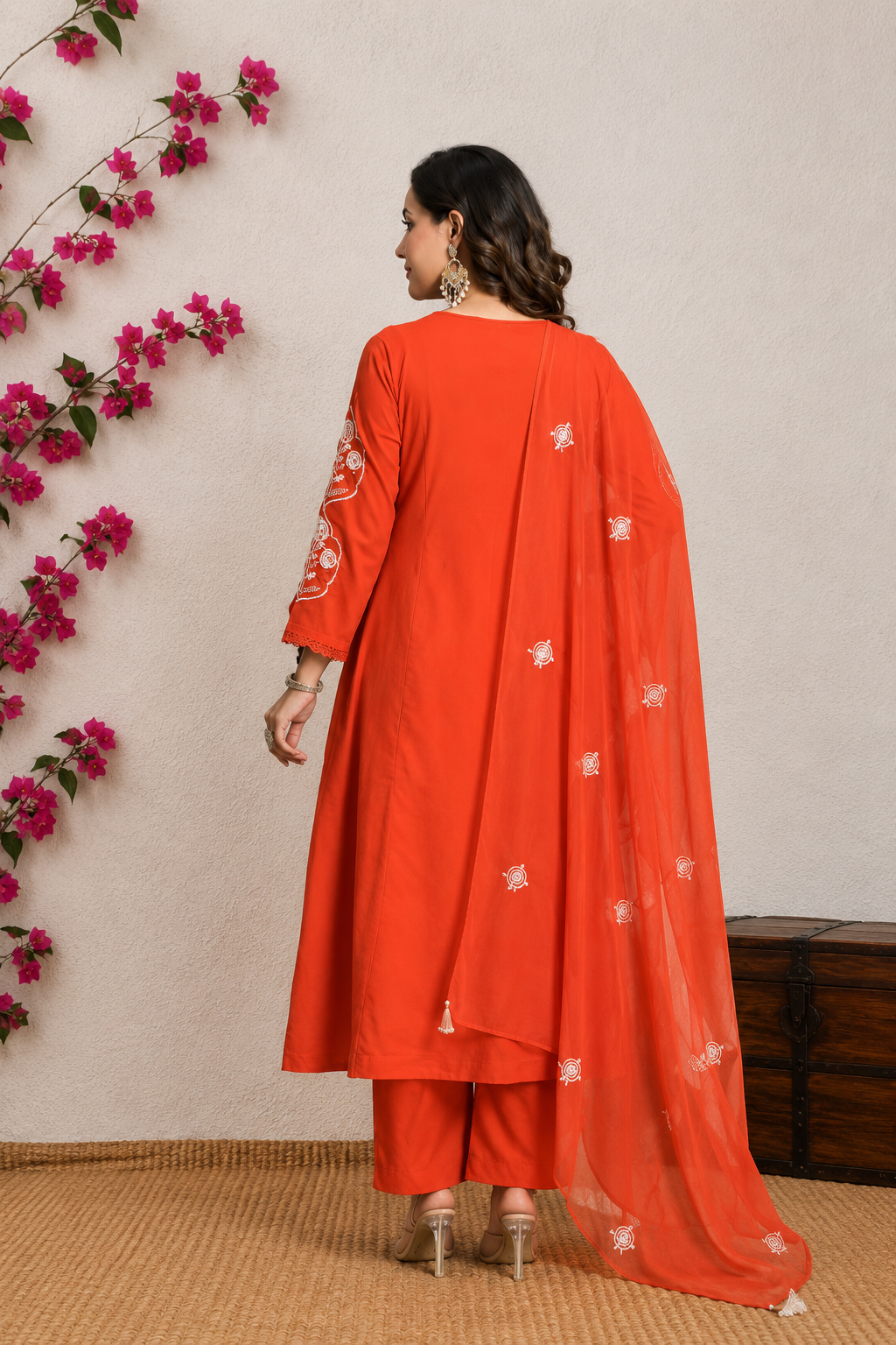 Koshaari Women's Rust  Floral Embroidered Anarkali Kurta with Trousers & Dupatta Set