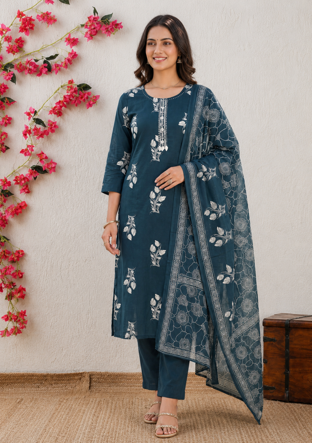 Elegant Teal Blue Floral Printed Kurta Set