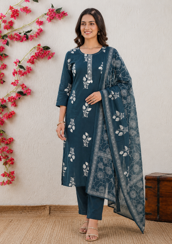Elegant Teal Blue Floral Printed Kurta Set