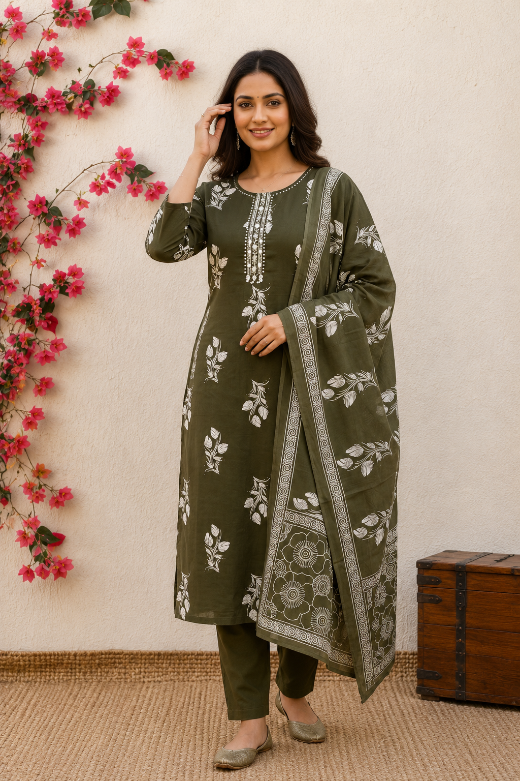 Olive Green Floral Printed Straight Kurta Set