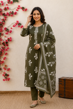 Olive Green Floral Printed Straight Kurta Set