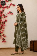 Olive Green Floral Printed Straight Kurta Set