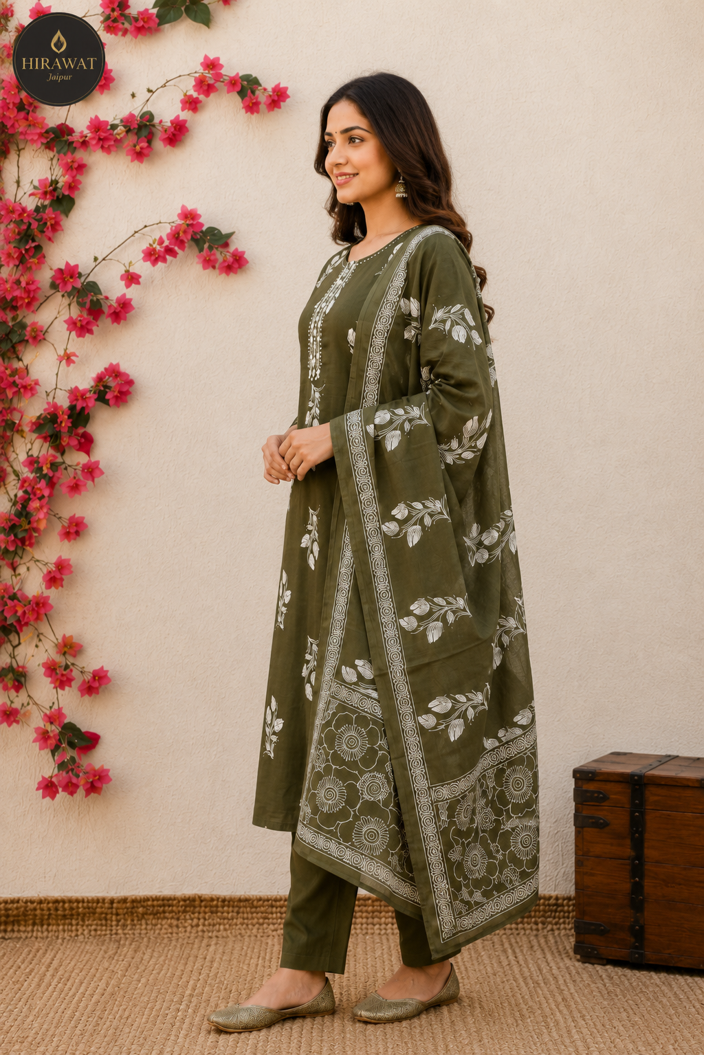 Olive Green Floral Printed Straight Kurta Set